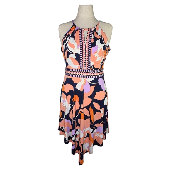 London Times Petites Halter Floral Dress 12P Navy Coral Handkerchief Hem - Picture 1 of 7